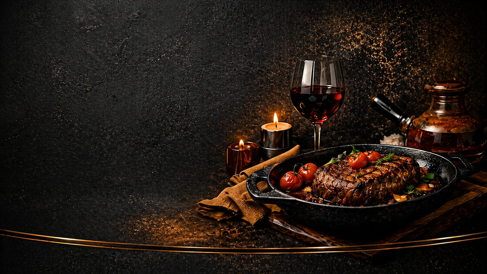 Butcher Restaurant And Steak House dark stone hero with steak, candles and wine