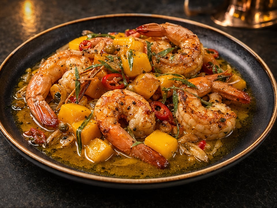 Black Tiger prawns with mango and sambuca
