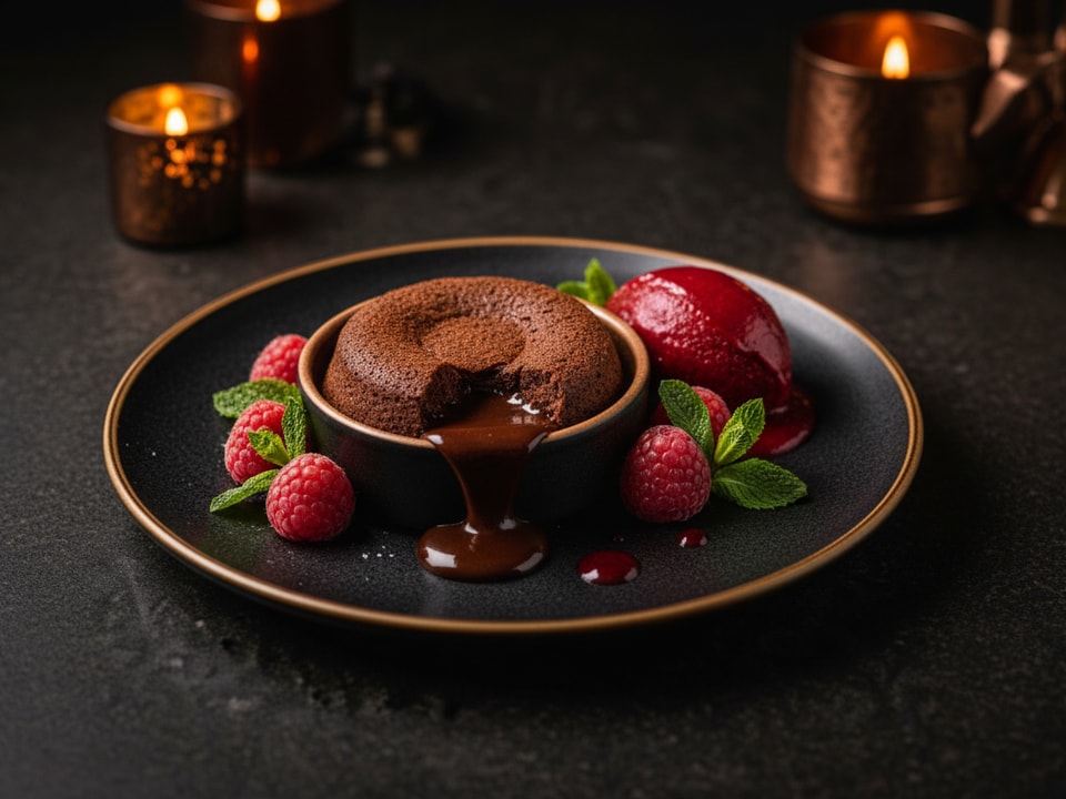 Fondant czekoladowy z sorbetem malinowym