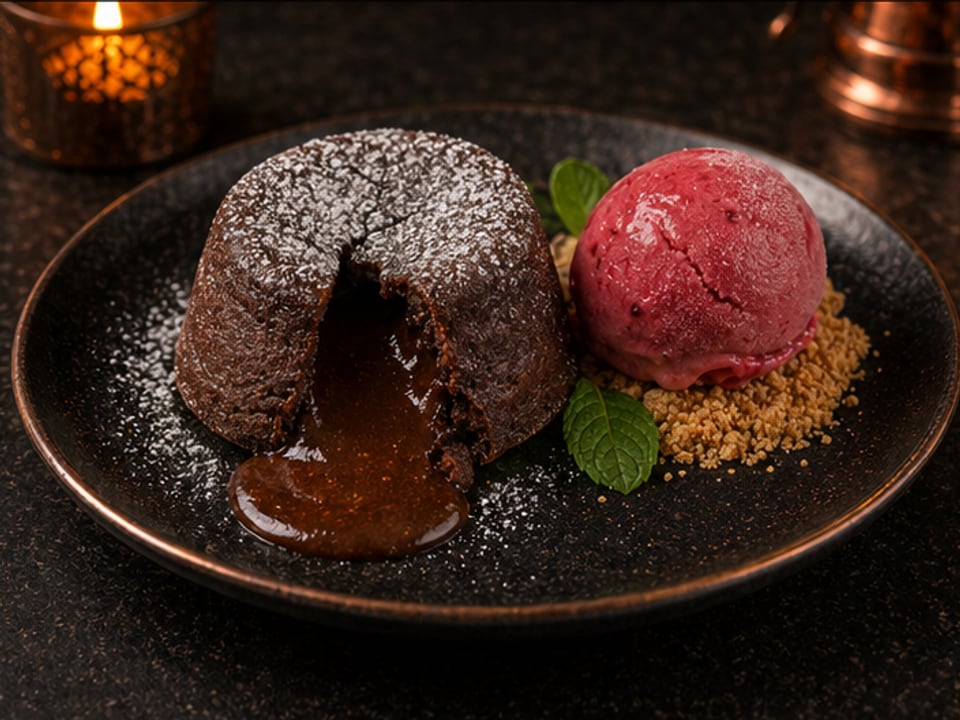 Chocolate fondant with sorbet