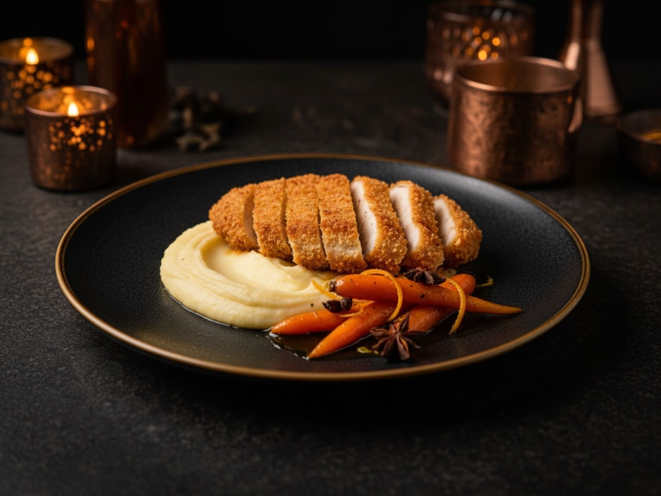 Filet z kurczaka w panko z puree i glazurowaną marchewką i anyżem
