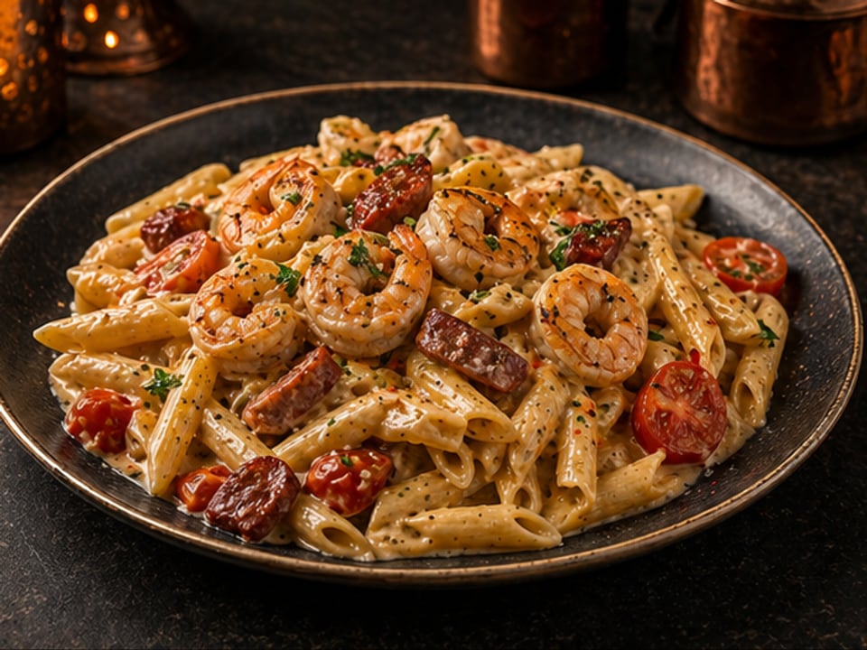 Penne with chorizo, prawns and mascarpone