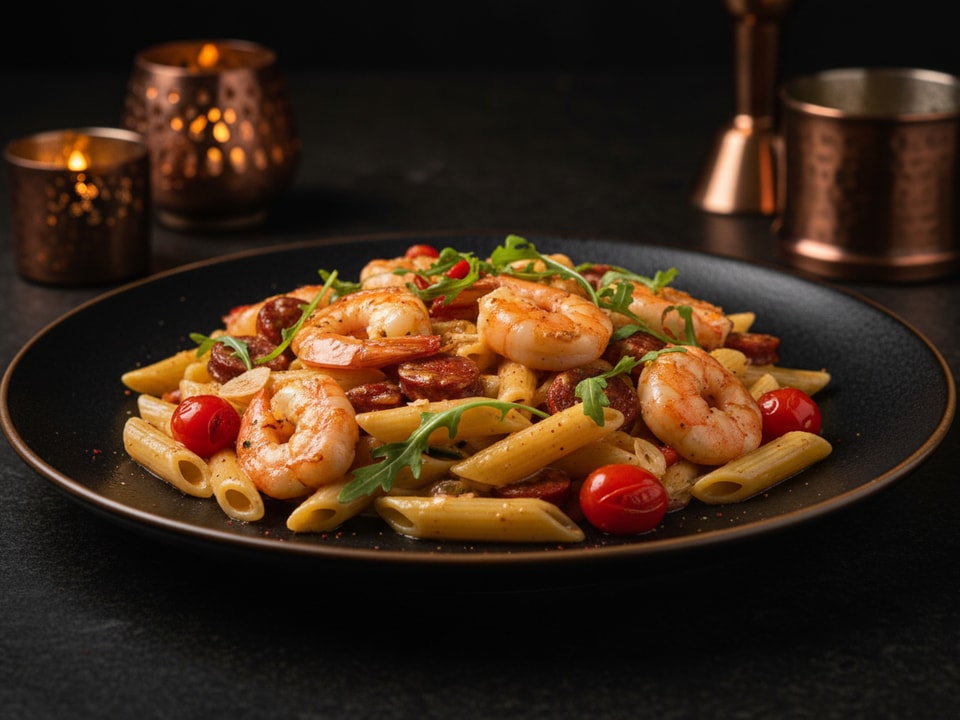 Penne z chorizo i krewetkami z mascarpone