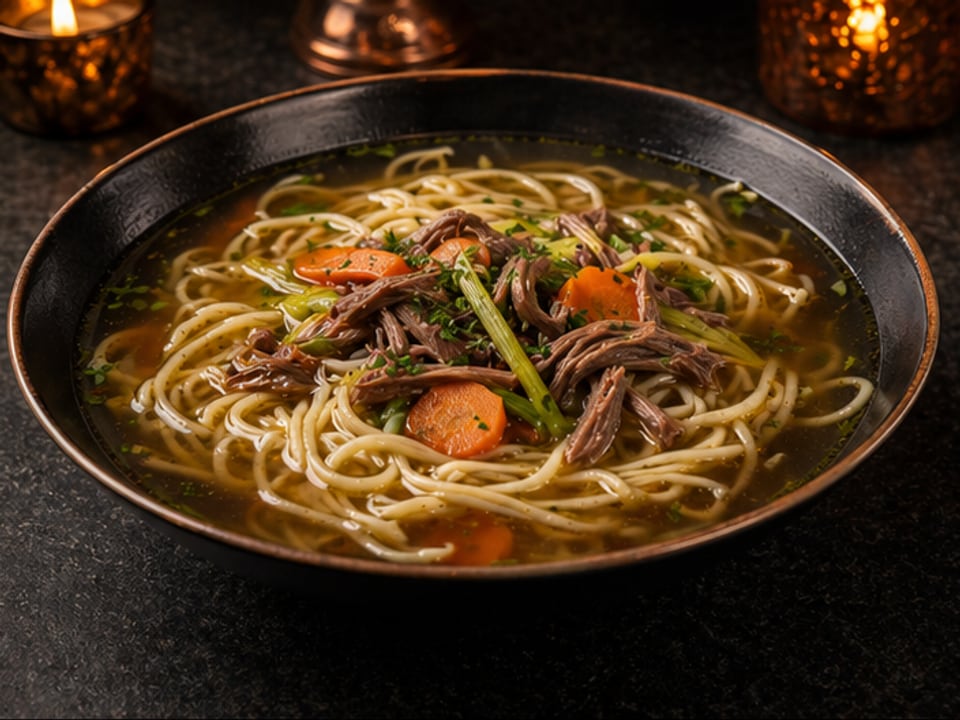 Roasted meat broth with homemade noodles