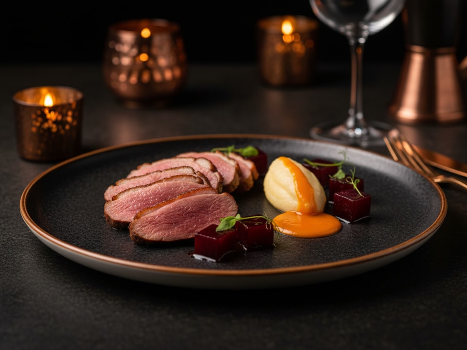 Pierś z kaczki sous vide z sosem z rokitnika, z puree ziemniaczanym oraz czerwonymi burakami w miodzie