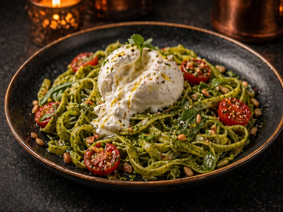 Tagliatelle with homemade pesto and burrata
