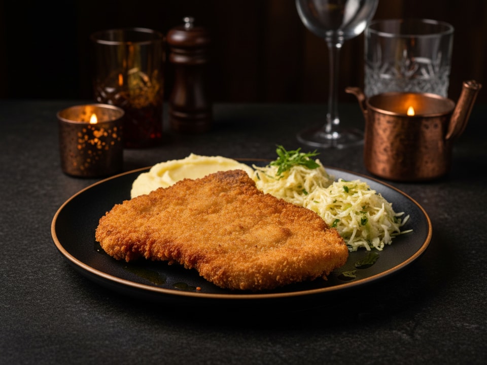 Tradycyjny kotlet schabowy z puree ziemniaczanym i surówką w zielonym oleju
